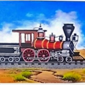 Old Train steam engine painting kids room acrylic on canvas original artist